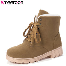 Load image into Gallery viewer, Smeeroon winter snow boots 2020 new arrival women's ankle boots lace up shoes round toe flock wholesale black ladies boots