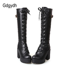 Load image into Gallery viewer, Gdgydh Hot Sale Spring Autumn Lacing Knee High Boots Women Fashion White Square Heel Woman Leather Shoes Winter Large Size 34-43