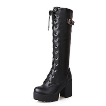 Load image into Gallery viewer, Gdgydh Hot Sale Spring Autumn Lacing Knee High Boots Women Fashion White Square Heel Woman Leather Shoes Winter Large Size 34-43