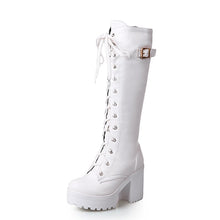 Load image into Gallery viewer, Gdgydh Hot Sale Spring Autumn Lacing Knee High Boots Women Fashion White Square Heel Woman Leather Shoes Winter Large Size 34-43